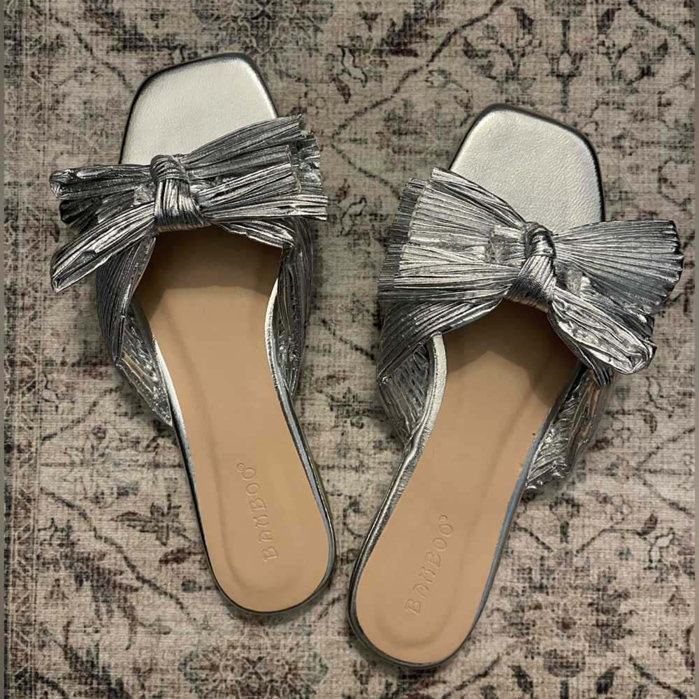 Bamboo Metallic Silver Bow Mules